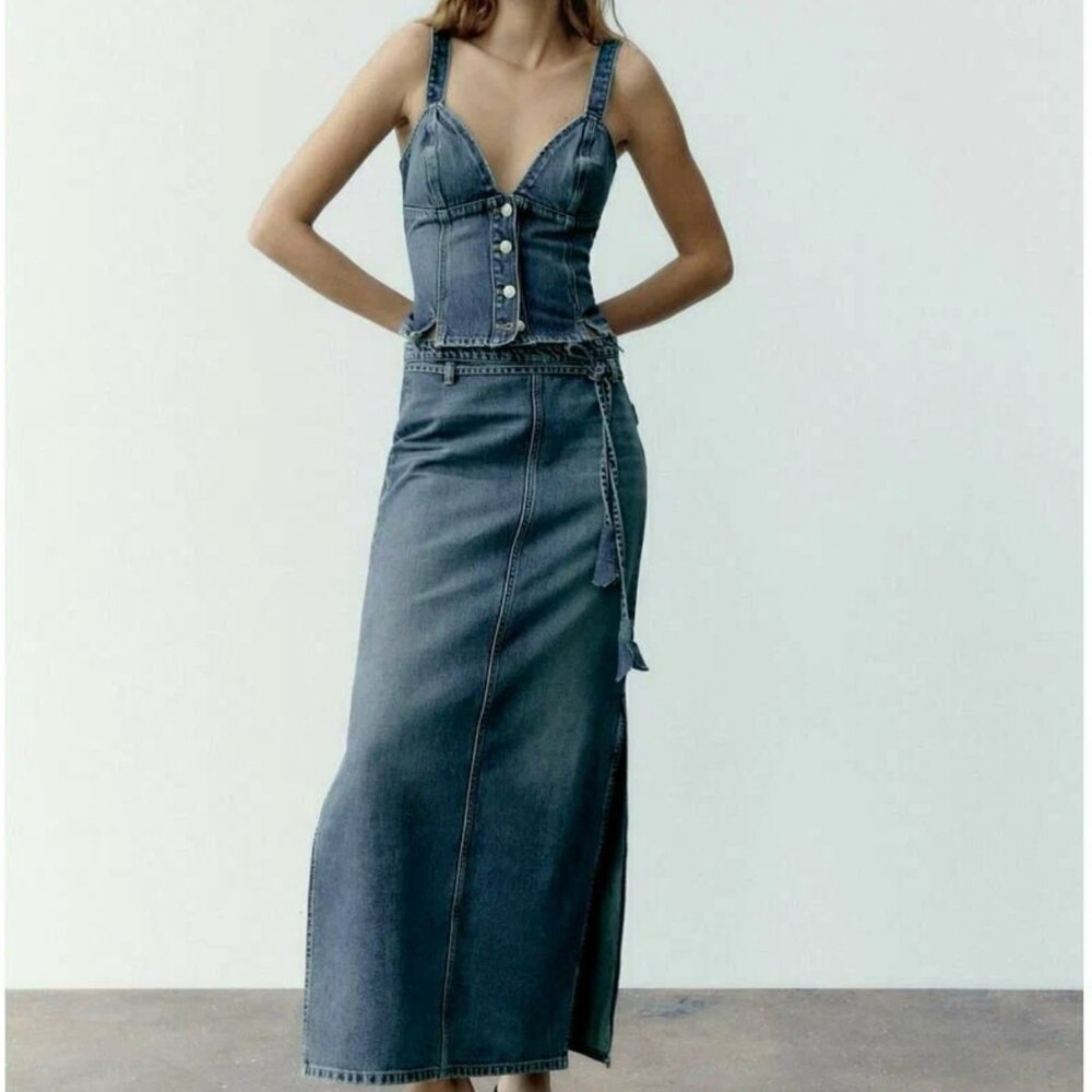 Zara DENIM SKIRT TRF BLUE 0/8197/045-maxi-medium wash-size S-NWT - Picture 3 of 3